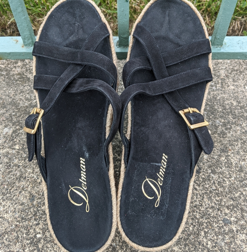 Delman black suede platform espadrille sandal